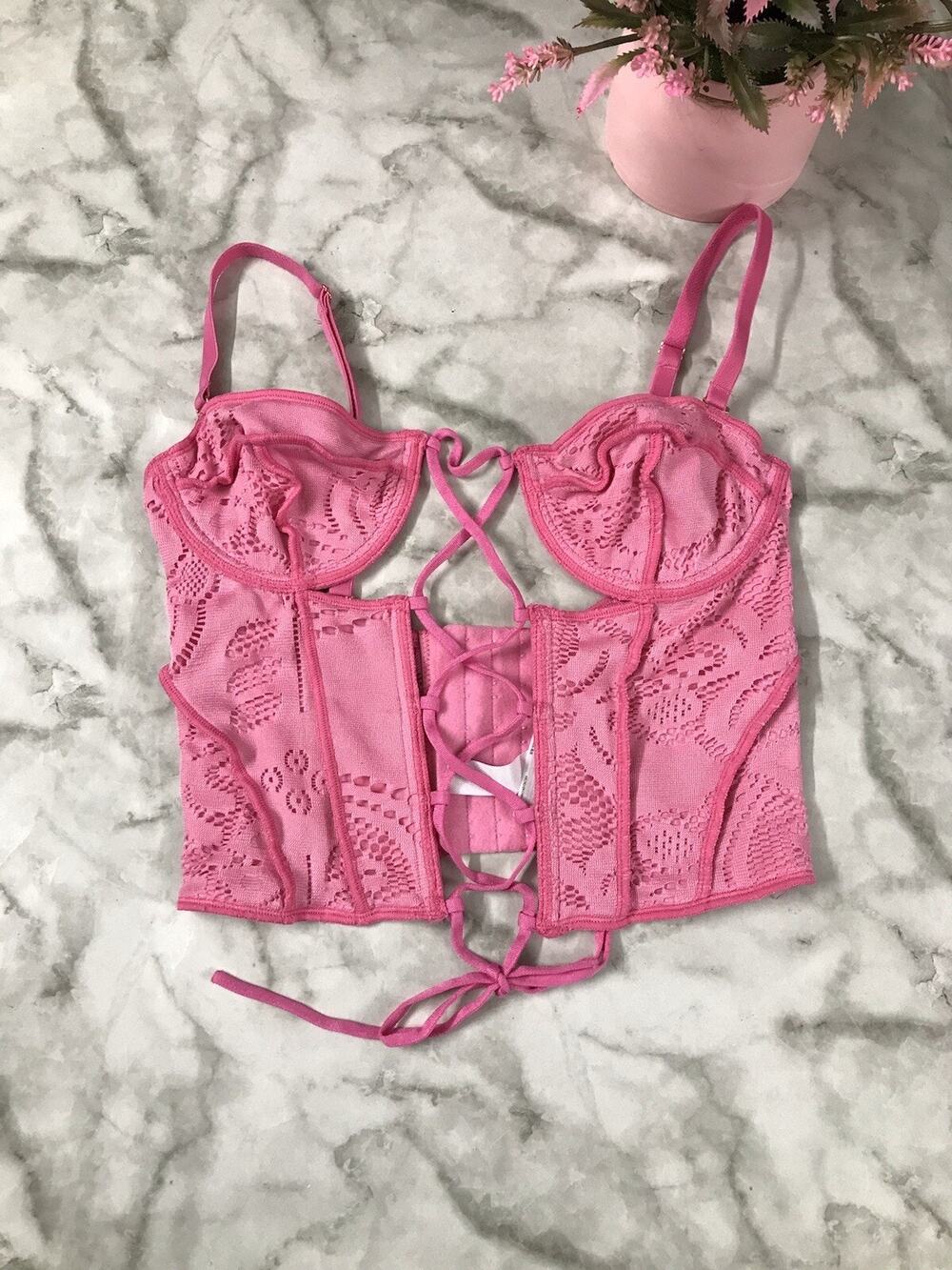 UO Out From Under PINK Amour Lace Lace-Up Adj Straps Corset Women's Size Sm/P